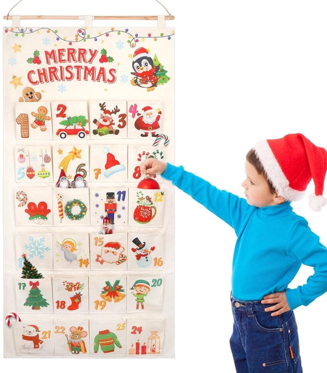 Zelf te vullen Adventskalender voor kinderen met 24 verrassingen - Kerstaftelkalender 2026 - Hangende opbergtas - 50 x 100 cm