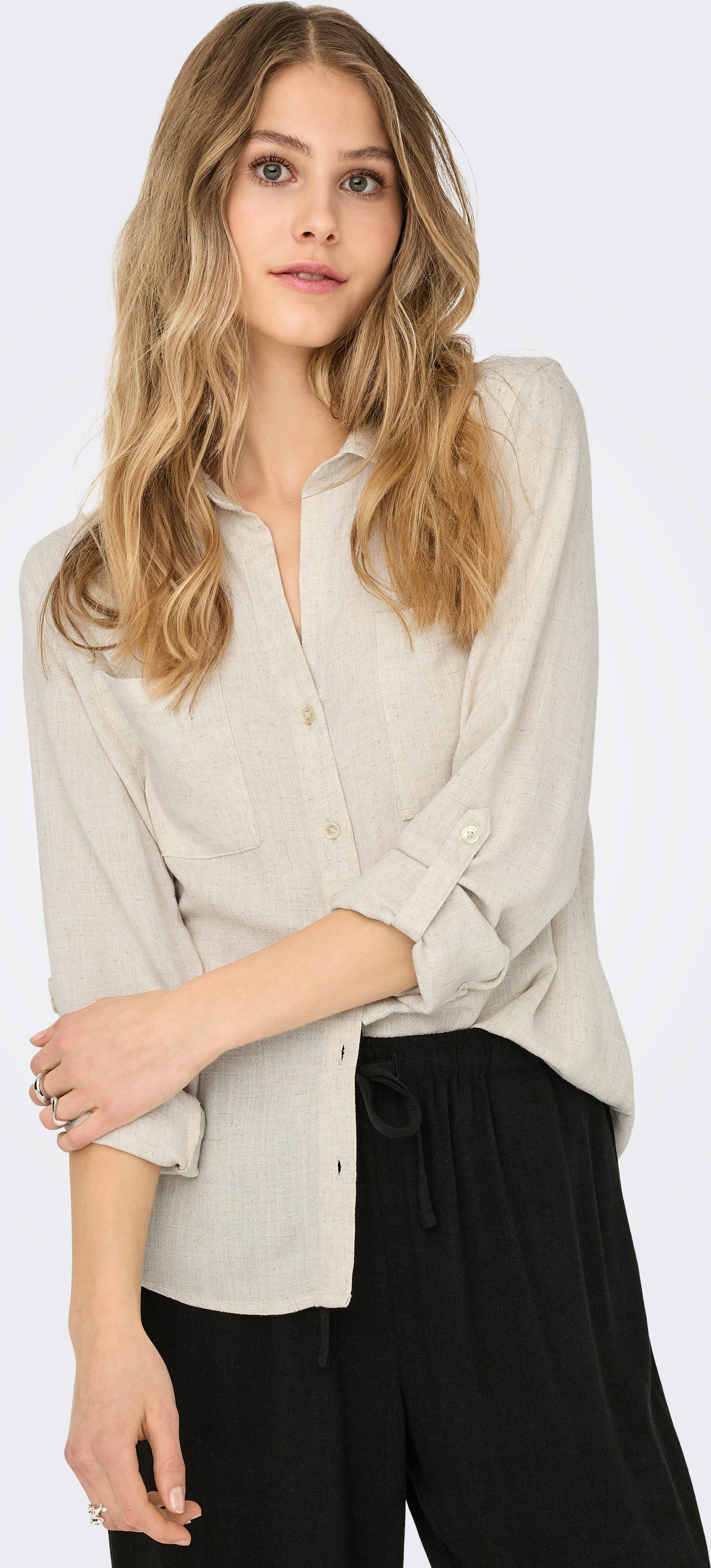 Langarmbluse ONLY "ONLYASMIN-SIESTA LS LINEN BL SHIRT PNT", Damen, Gr. L, gelb (moonbeam), Web, Obermaterial: 80% Viskose, 20% Leinen, unifarben, oversize, Blusen Langarmbluse moonbeam L
