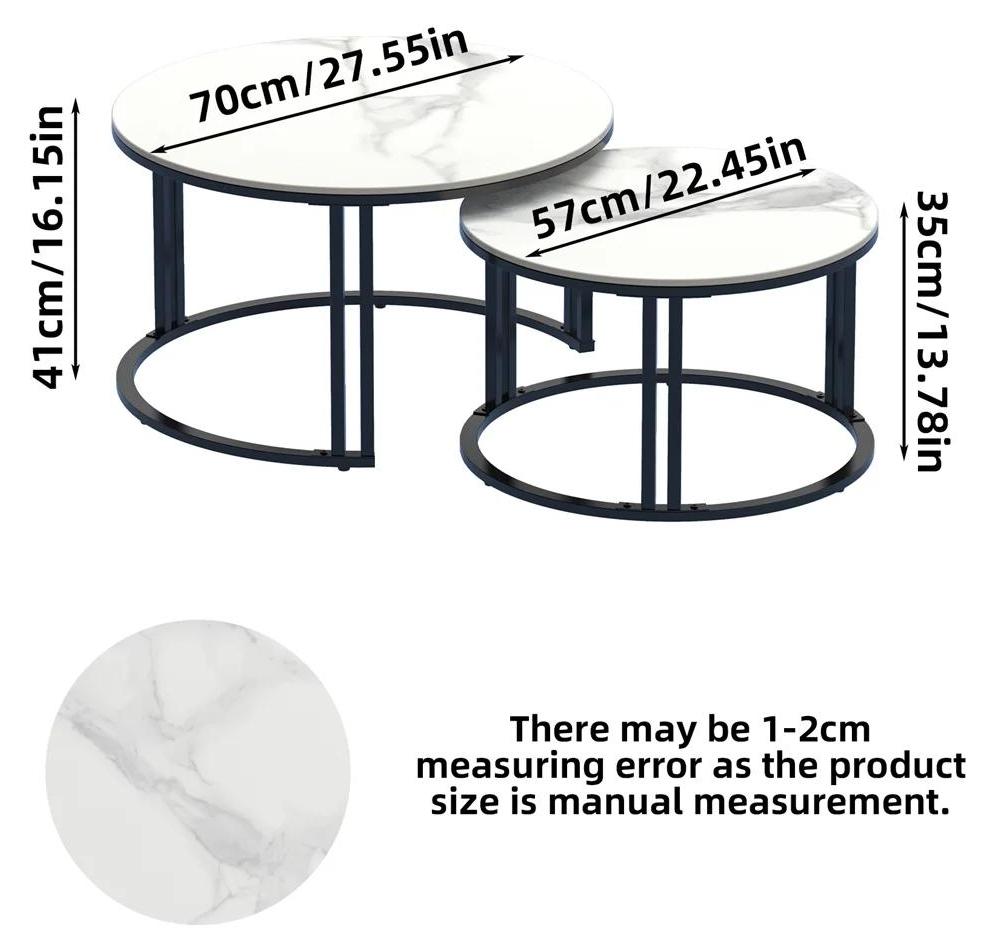 2er Set runde Couchtische - Nesting Wohnzimmertische - Sinterstein-Tischplatte 70/57x40/35 cm - Metallgestell - Modern platzsparend - Weiß
