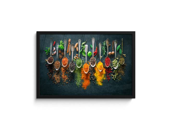 MuchoWow Poster MIT Rahmen Kräuter - Gewürze - Löffel 60x40 cm, Currygelb, Papier, Rechteckig, 60x40 cm, gerahmt, Bilder & Rahmen, Bilder
