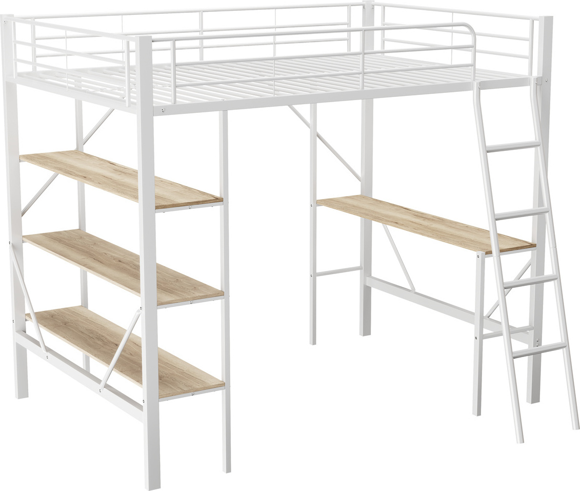 Bettgestell Metallbett(90x200cm,weiß)Eisenbett, Hochbett mit Schreibtisch und drei großen Ablagen für Kinder, Jugendliche und Erwachsene