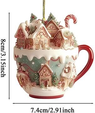 Inspired Finds Acrylic Coffee Cup Christmas Ornament 2D Snow House Keychain Pendant Tree Decoration village & Candy Cane Cup