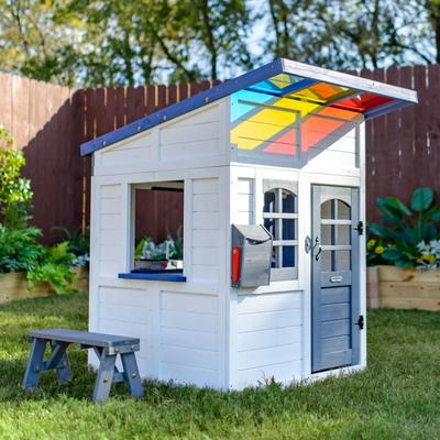 Teamson Kids Wooden Outdoor Playhouse with Interactive Kitchen, Bench, Flower Box and Colorful Roof Panels for Backyard Play