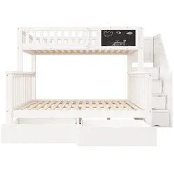 MODFU Etagenbett Massivholz Weiß 90x200/140x200 cm mit Tafel, Treppe, Schubladen und Lattenrosten