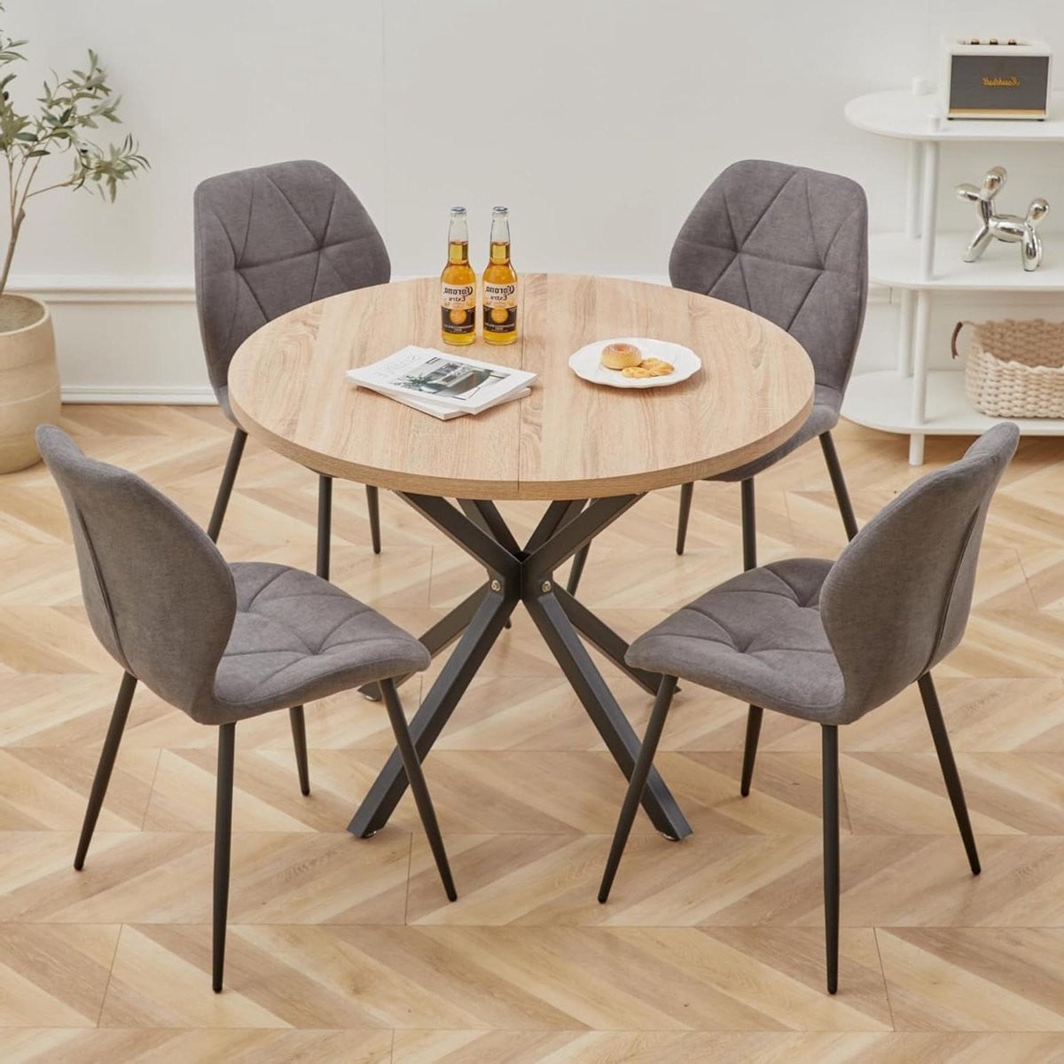 Ronde houten eettafel met stoelset in het grijs, diameter: 100 cm