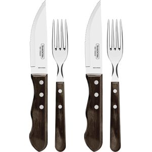 Tramontina Steakbesteck Jumbo 21198/908, Edelstahl, für 2 Personen, mit Holzgriffen, braun / silber, 4-teilig