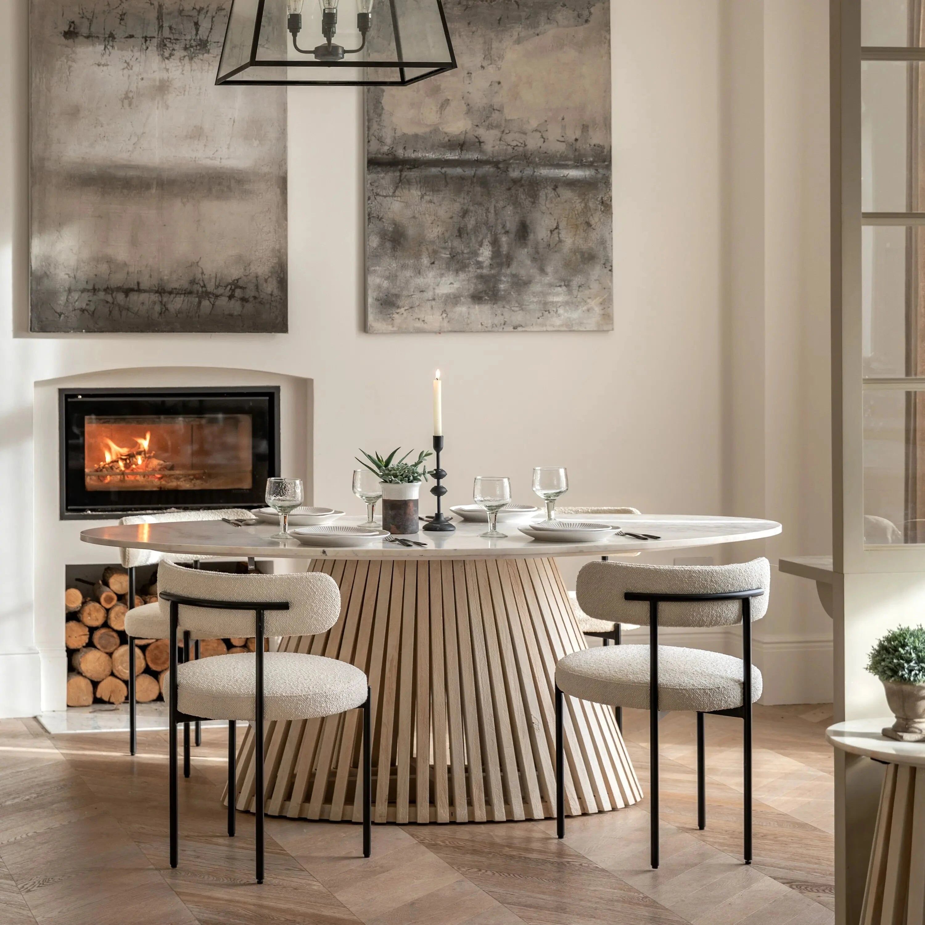 Tova Whitewash Slatted Wood Oval Dining Table with Marble Top