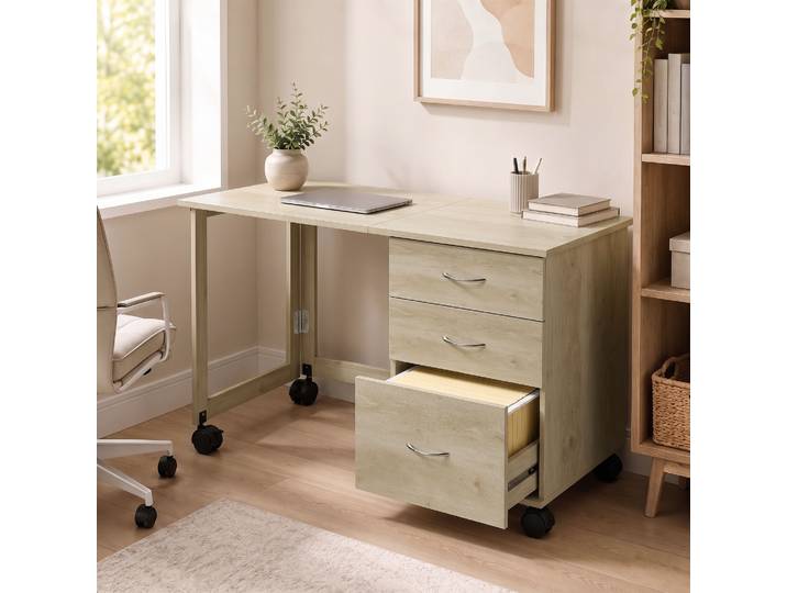 HOMCOM Bureau Pliant Chêne 3 Tiroirs 4 Roulettes avec Frein