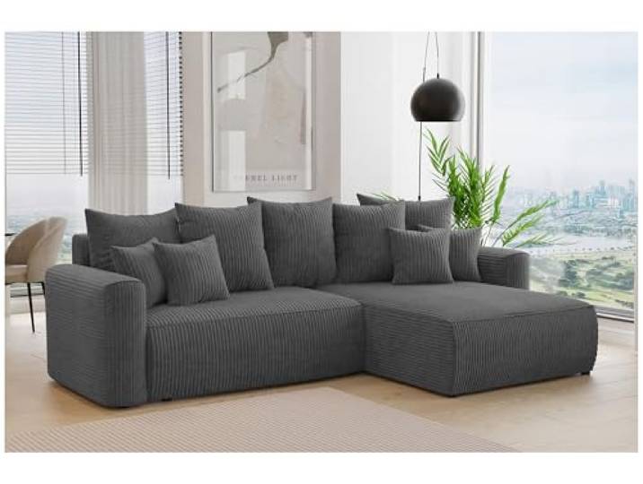 MEBLINI Schlafcouch mit Bettkasten - 260x160x78cm - Grau Cordstoff - Bali - Kleines Ecksofa mit Schlaffunktion - Sofa mit Relaxfunktion und Kissen - Kleine Couch L-Form - Eckcouch
