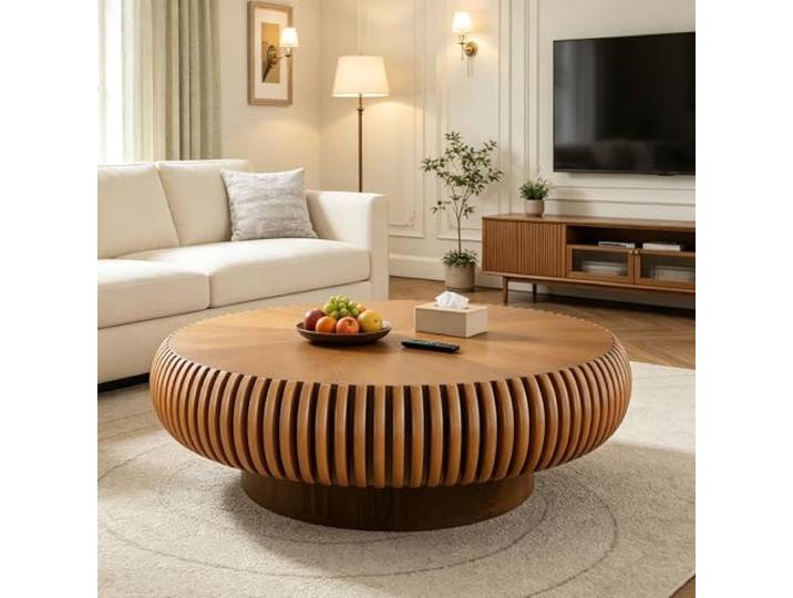 FeiZhiYanS Geriffelter runder Couchtisch fürs Wohnzimmer, runder Couchtisch im Mid-Century-Modern-Stil mit stabilem Gestell, handgefertigter runder Holztisch für kleine Räume/Büros,Cl