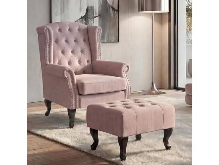 Mendler Sessel Chesterfield Stoff/Textil - Hellrosa mit Ottomane Relaxsessel, Clubsessel, Ohrensessel, wasserabweisend