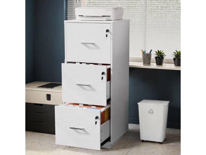 VINGLI Caisson de rangement 3 tiroirs verrouillables 39×39×98cm panneau P2 Blanc compatible A4 & Letter
