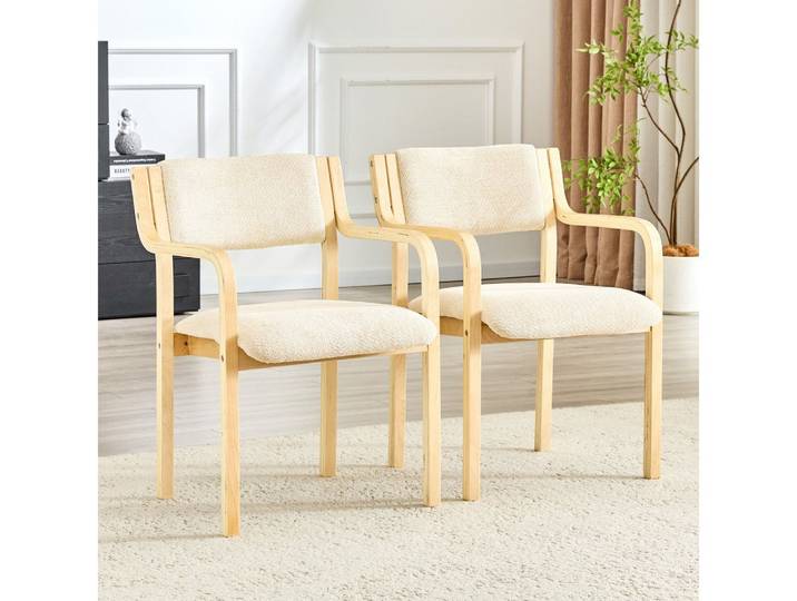 BBG Esszimmerstuhl 2er Set Esszimmerstühle Skandinavisch mit Armlehne,Bugholz, Teddystoff, Beige/Grau – Bequeme & Robuste Küchen- und Wohnzimmerstühle