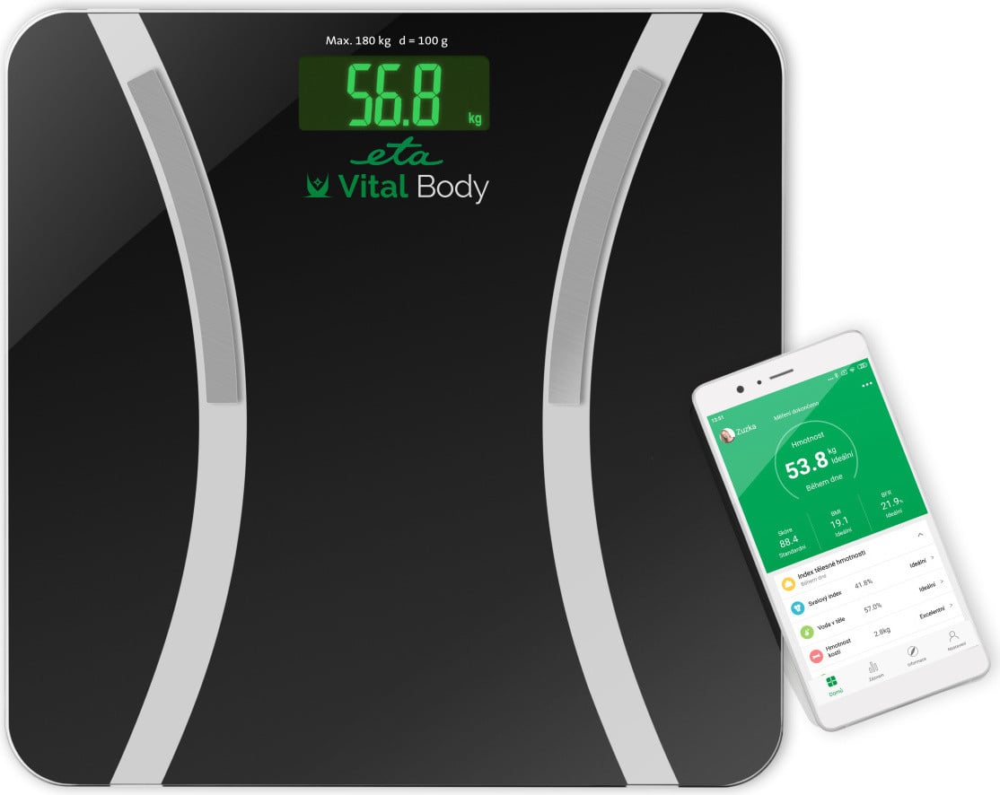 ETA Personenweegschaal Digitaal Vital Body I Slimme App I 18 lichaamskenmerken I Zwart