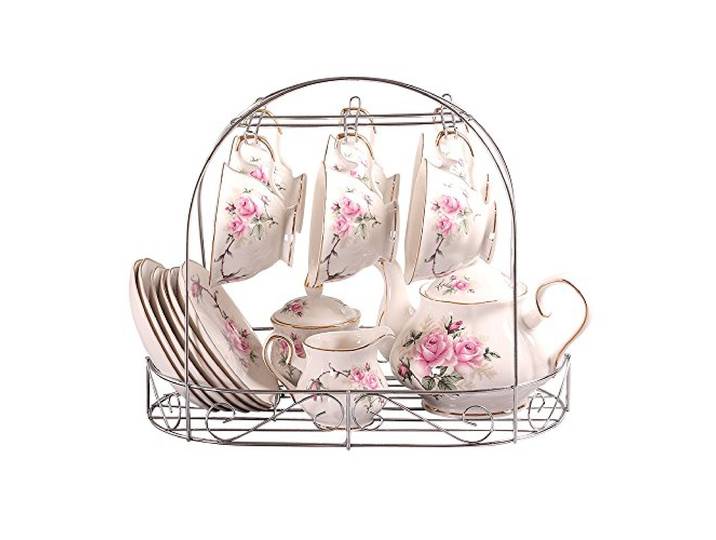 ufengke-ts 15 Stück Europäischen Stil Bone China Service Kaffee Set Mit Metall Ständer, Rosa Rose Druck Vintage Floral Teeservice, Für Hochzeit Und Haushalt