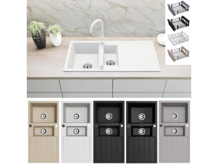 Faizee Home Granitspüle 100x50 cm Weiß – Beidseitig montierbar & kratzfest Inkl. Spülkorb & Siphon-Set Hochwertige Küchenspüle aus Granit für moderne Küchen