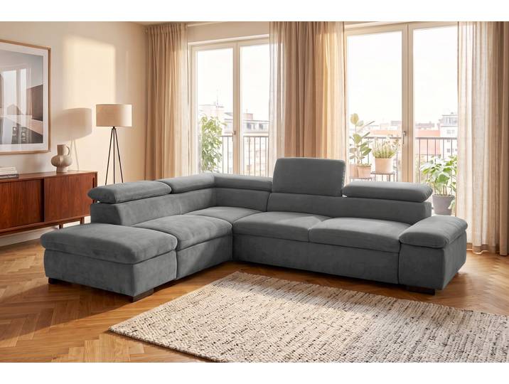Ecksofa, Luxus-Microfaser, Grau (Steel) 272×226 cm, Mit Kopfteilverstellung, Klassisch-Vintage, Home-affaire