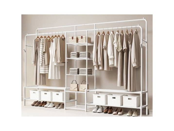 Portant à Vêtements Armoire Ouverte Portemanteau avec 9 Étagères Tringle à vêtements Blanc