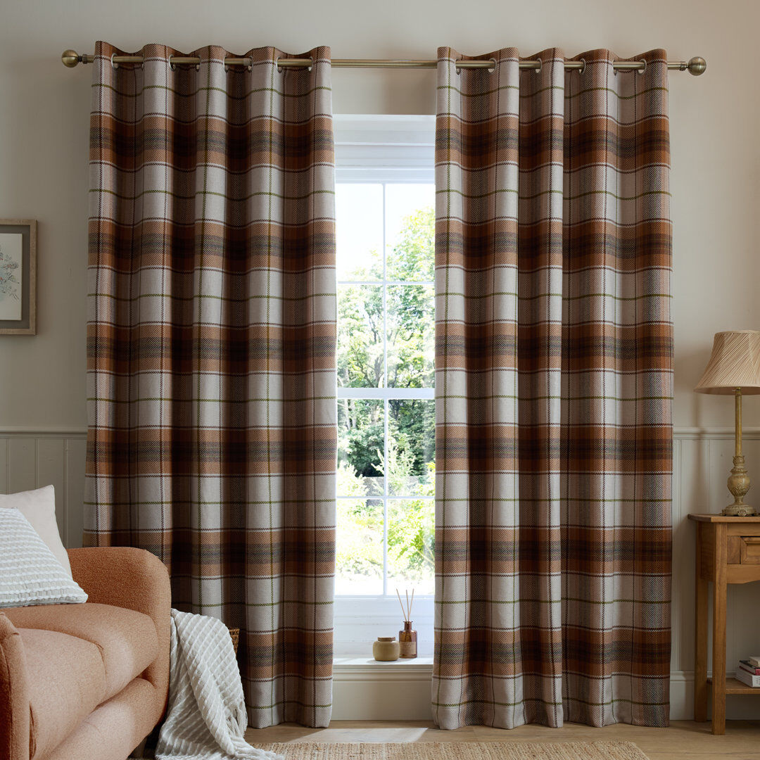Catherine Lansfield Brushed Woven Glencoe Check Thermal Eyelet Curtains Terracotta 46 x 54 Inch