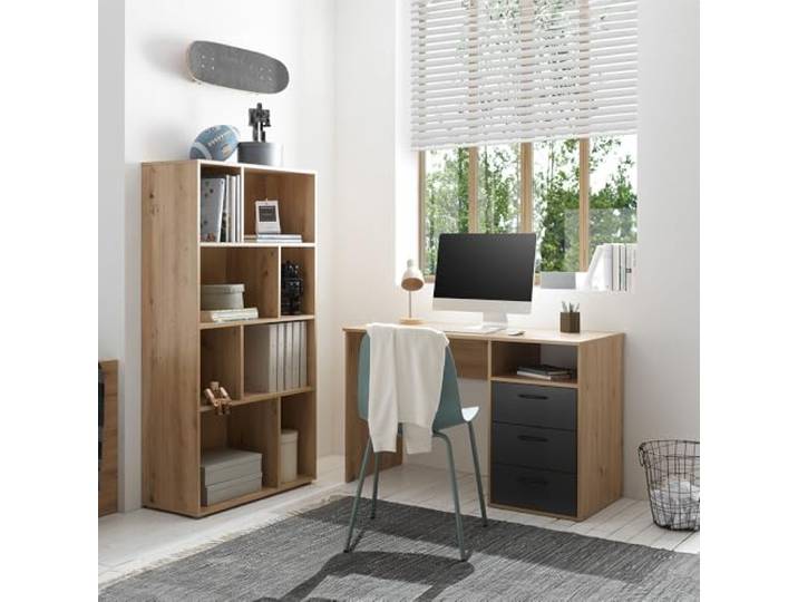 Lomadox Jugendzimmer Set 2-teilig in Eiche mit Graphit, Schreibtisch & Regal, modern minimalistisch Metalgriffe