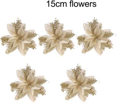 Multicon Wholesale Hub Christmas Tree Ornaments, Red Golden Silver Poinsettia Artificial Flowers, Xmas New Year Party Decoration style c 15pcs