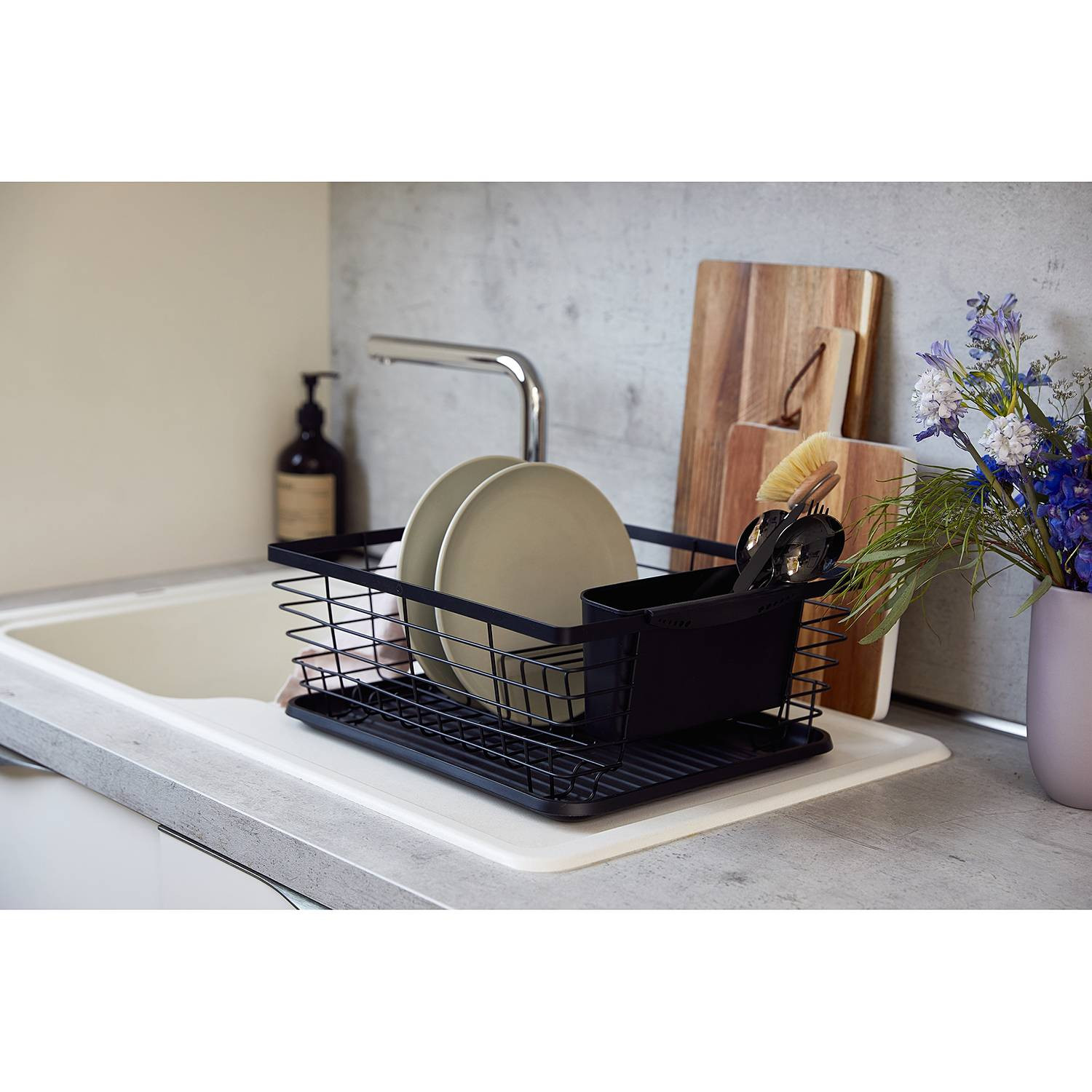Wenko Afdruiprek Drip met lekbak en bestekhouder, zwart, B: 36 cm, D: 15 cm, H: 30,3 cm
