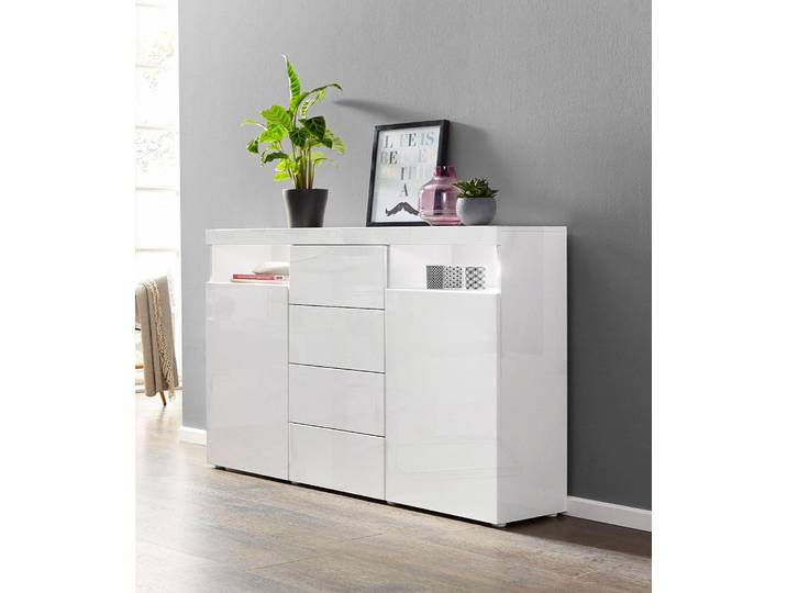 Highboard BORCHARDT MÖBEL Kapstadt mit Push-to-open-Funktion, Hochglanzdekor, Kommode, Sideboard , weiss (weiß hochglanz, weiß hochglanz), B:139cm H:93cm T:35cm, Sideboards, Highboard, Breite 139 cm, 2 Türen, 4 Schubkästen, Modernes Design made in Germany