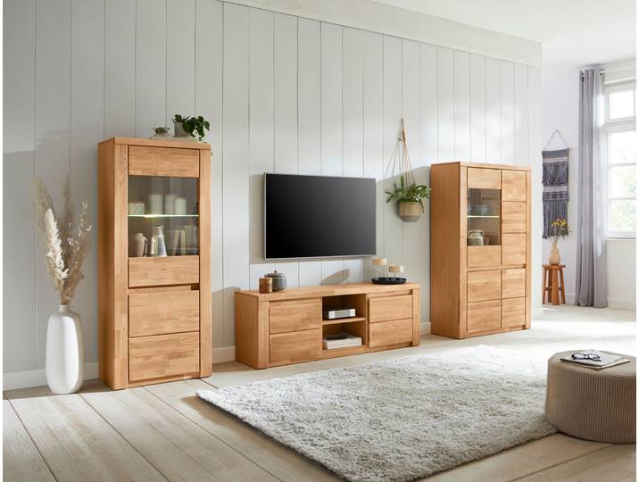 Wohnwand GOODPRODUCT BURANO 3-teilig, Lowboard mit Kabeldurchführung, 290cm Breite , braun (eiche teilmassiv), Holzwerkstoff eichefarben (Korpus) / Massivholz Eiche (Front), Holz teilmassiv, Kastenmöbel-Sets, Wohnwand, Fronten aus Massivholz, Korpus aus Melamin, verstellbare Einlegeboden