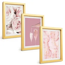BILDER SET 3er Set - 20x30 cm Goldrahmen - Champagnerfarbene Rosen, Marmorhintergrund