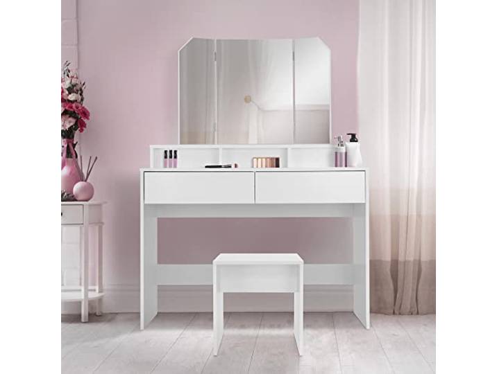 ML-Design Schminktisch mit Hocker, Frisiertisch mit 3-TLG. Klappspiegel und 2 Schubladen, 100x40x140 cm, Weiß, Moderne Kosmetiktisch mit 3 offenen Fächern, Frisierkommode Schminkkommode Make-up Tisch