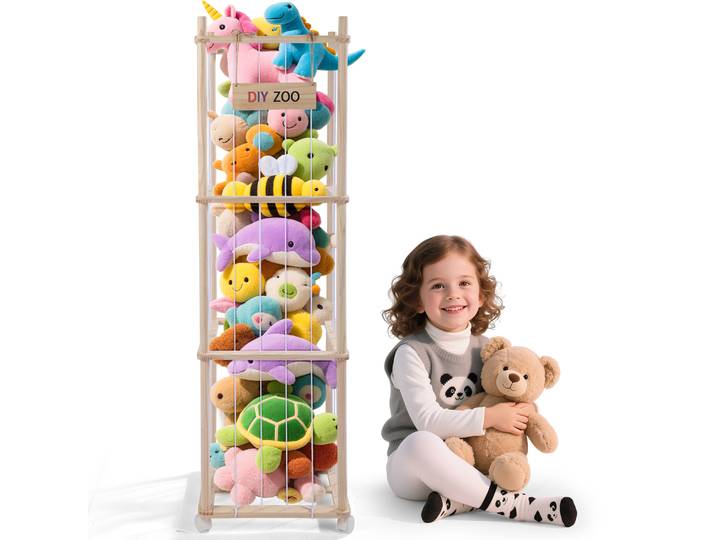 Stockage de jouets en peluche en bois, rangement de jouets en peluche avec 360 ° Roues équipées de frein, rangement de jouets en peluche 138 x 41 x 41 cm