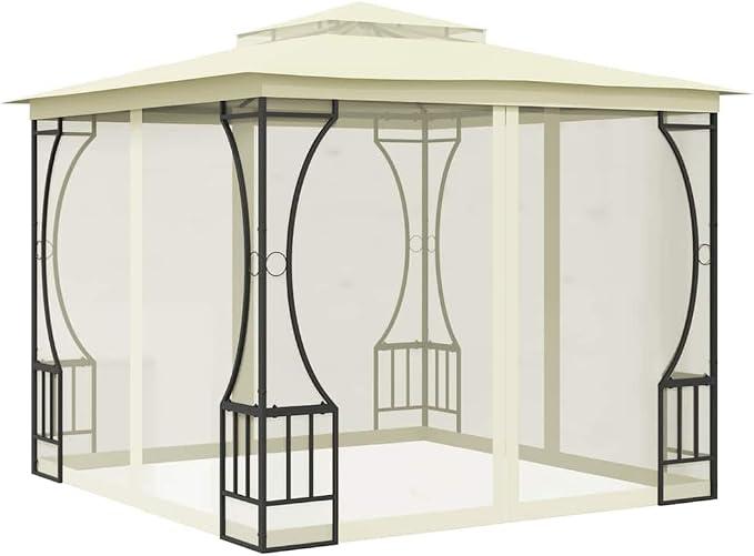 Gartenpavillon mit Netz 300x300x265 cm Creme, stabiles Partyzelt mit abnehmbaren Seitenteilen und Stahlrahmen, Pavillon für Garten Partys Grillfeste und Camping