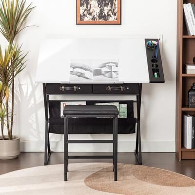 Javlergo Drafting Table Drawing Table Artist Desk Tilting Tabletop Art Craft Desk 2 Storage Drawers and Stool for Home Office