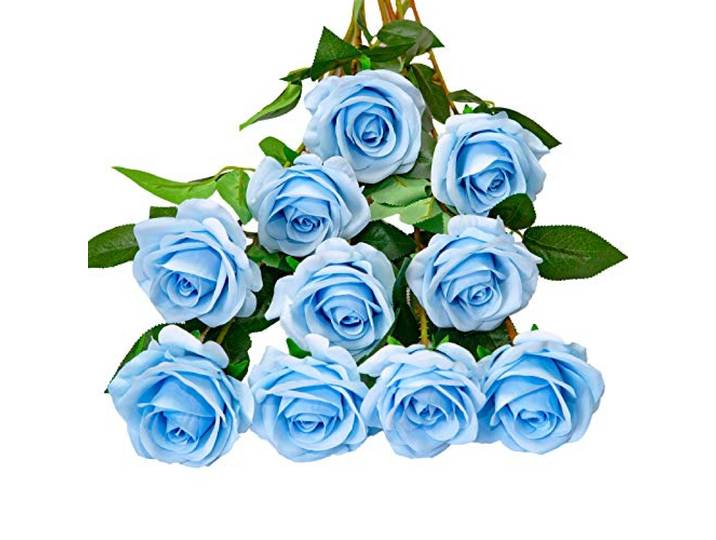 DuHouse Kunstrozen nep zijden bloemen bruidsboeketten met enkele lange plastic stengels voor arrangement bruiloft tafel middelpunt feest woondecoratie (hemelsblauw)