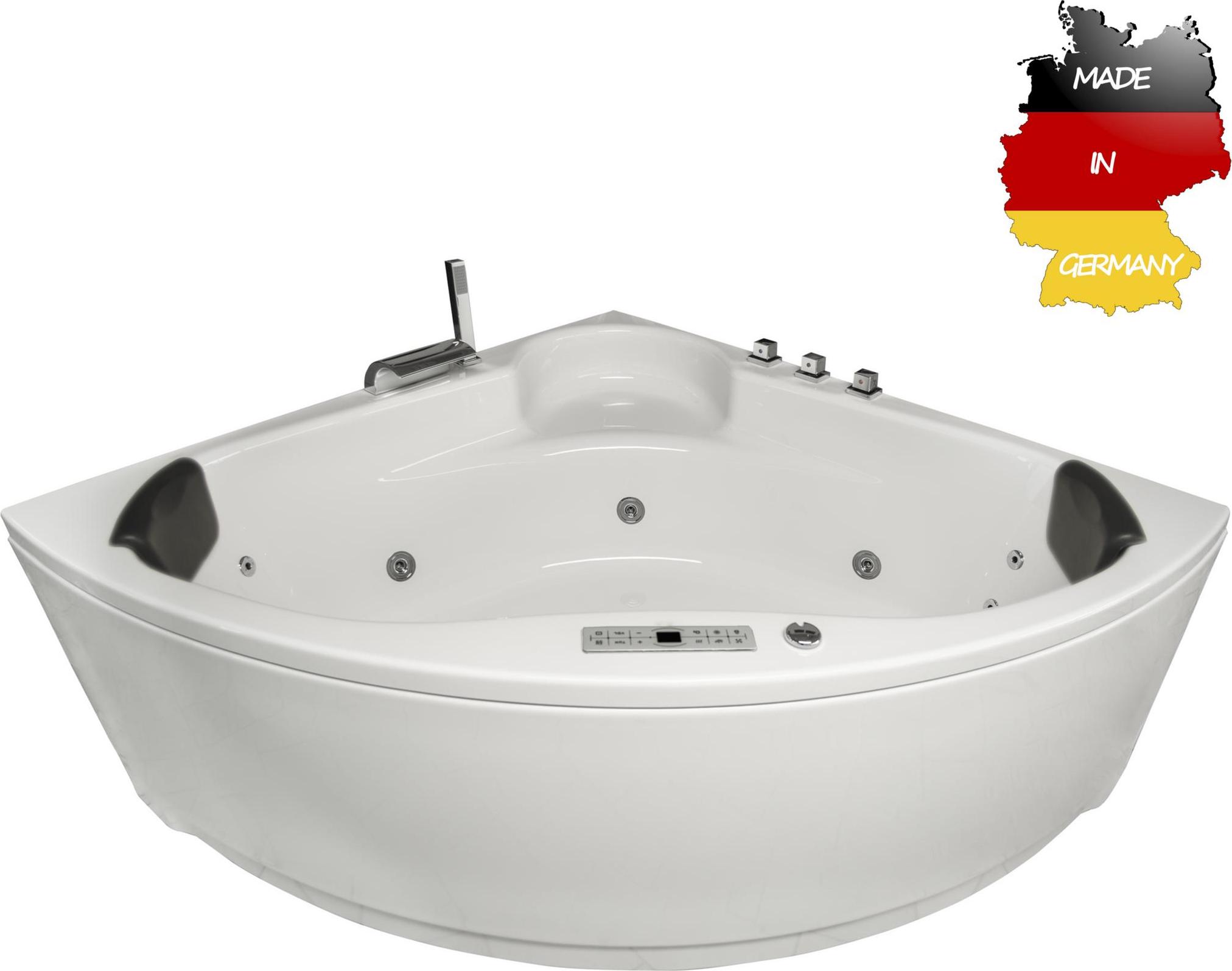 Basera CLASSIC Indoor Eck-Whirlpool Badewanne Futuna 140 x 140 cm mit 21 Massagedüsen, Wasserfall, LED-Ambiente, Touchpanel, Bluetooth und Radio