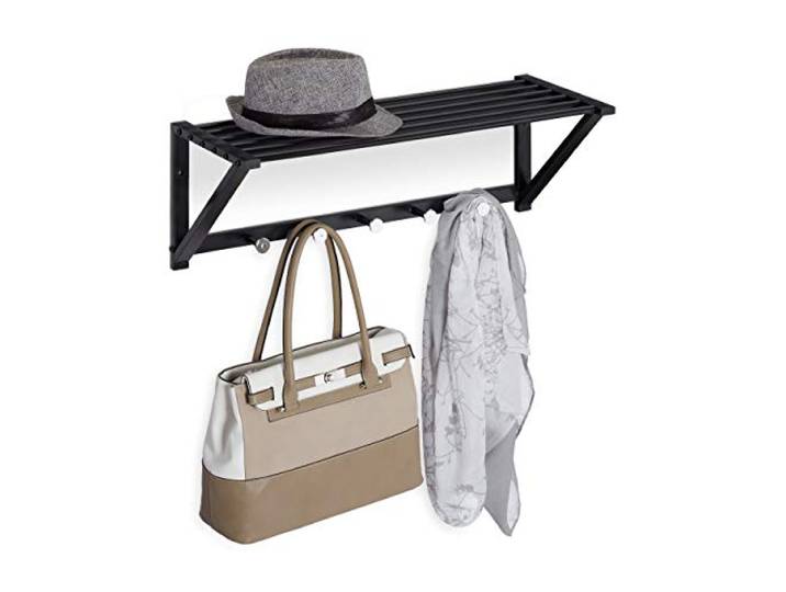 Relaxdays Porte-Manteaux Mural avec Rangement\, penderie à 5 patères\, Couloir & Salle de Bain\, métal\, 23x65x25 cm\, Noir