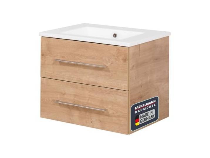 FACKELMANN B.PERFEKT Badmöbel Set 62 cm – Waschtischunterschrank und Keramikbecken in AST-Eiche Hellbraun, Made in Germany, für Moderne Bäder