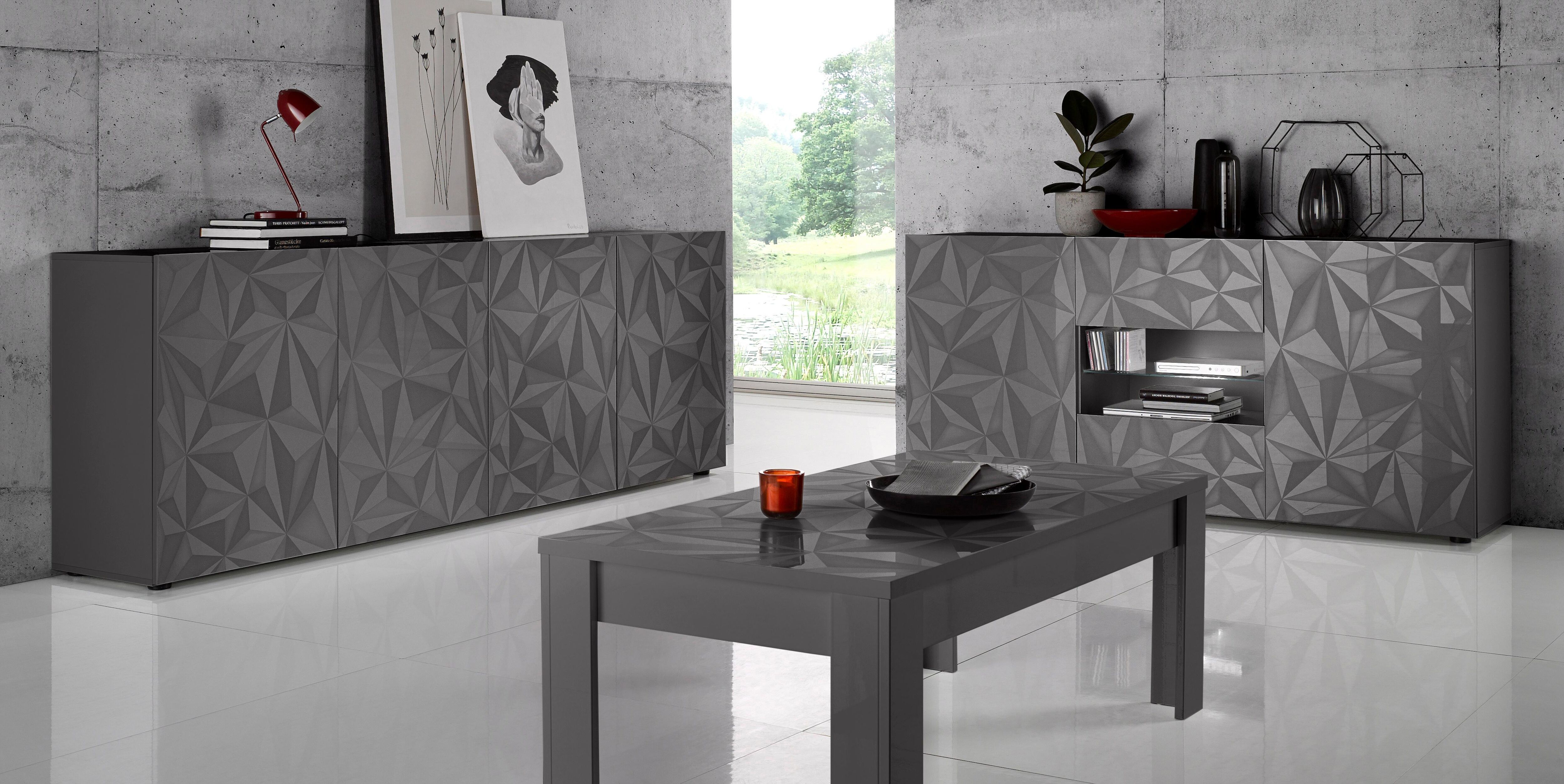 Sideboard HOME AFFAIRE "Prisma Breite 241, Kommode 4 Türen, Anrichte", grau (anthrazit hochglanz lack, anthrazit mit siebdruck hochglanz lack), Sideboards, Sideboard, Front mit elegantem Siebdruck, grifflos, viel Stauraum