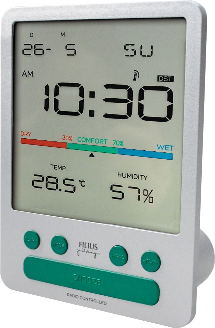 Funkwecker FILIUS ZEITDESIGN, silber (silberfarben), Wecker, Funkwecker, Wecker, Schlafzimmer, Anzeige Innentemperatur, Hygrometer, Tag, Monat