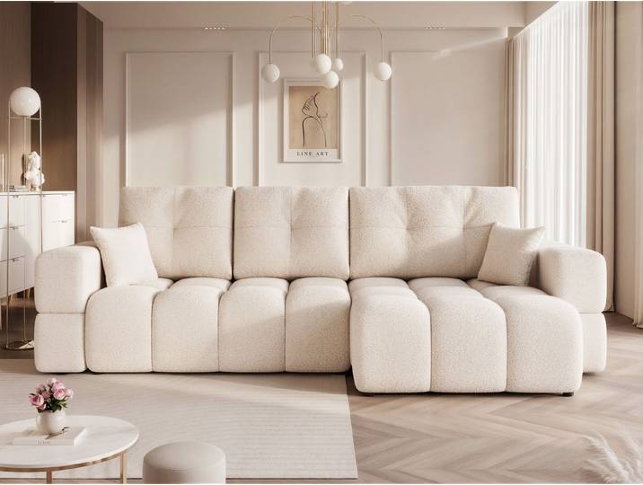 yourhouse24 Ecksofa BUENO XL in L-Form im Glamour-Stil – Trend-Bouclé & Schlaffunktion, mit Schlaffunktion und Bettkasten, Seite universal