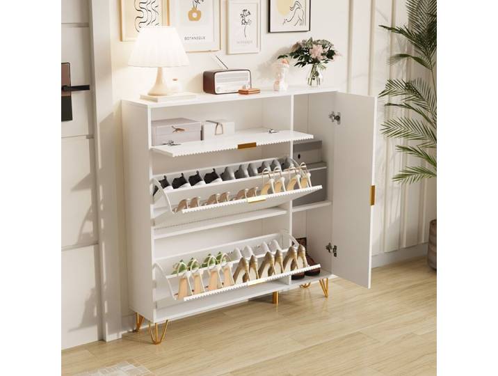 Meuble à Chaussures avec 4 Portes Meuble Chaussure Bois Entree Armoire a Chaussures avec Compartiments Blanc