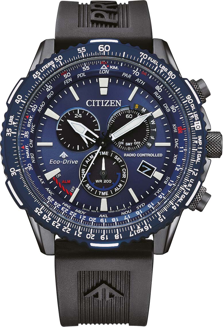 Funkchronograph CITIZEN "Promaster Sky", schwarz (schwarz, blau), Armbanduhren, Herren, schwarz, Funkchronograph, Armbanduhr, Herrenuhr, Solar, Stoppfunktion, bis 20 bar wasserdicht, Topseller