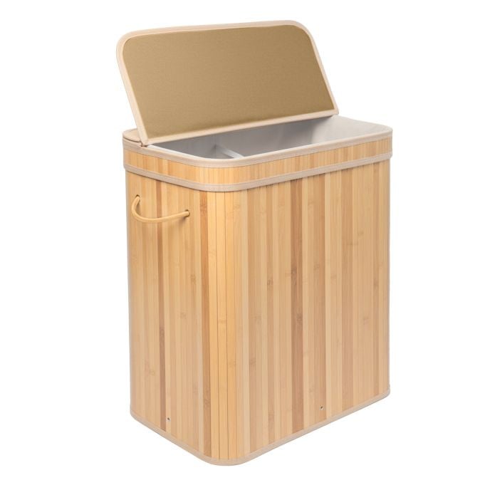 Relaxdays Wasmand met deksel en handvatten, Bamboe en Metaal, Bruin/Beige