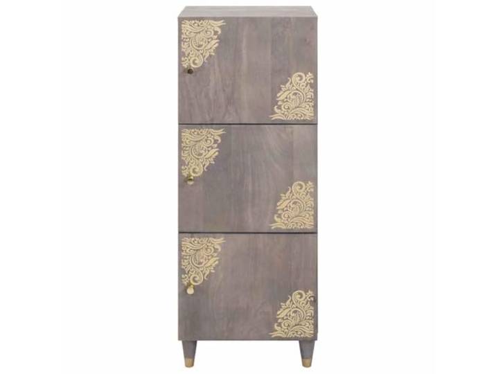 KTHLBRH Anrichte Grau und Gold 40 x 33 x 110 cm Mango Massivholz Gold-gedrucktes Design, Messinggriffe, 3 Scharniertüren, Schrank für Wohnzimmer oder Esszimmer