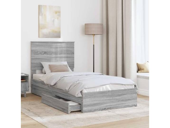 SKTQYQO Einzelbett mit Schubladen, Sonoma-Grau, 90 x 200 cm Technisches Holz, mit Kopfteil, modernes Design, einfache Montage