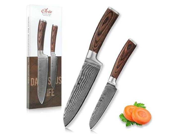 Wakoli Edib 2er Damastmesser Set mit Gravur – Personalisiertes Messer-Set, großes & kleines Santoku (17 / 12 cm), 67 Lagen Damaststahl (VG10-Kern), Pakkaholzgriff, Geschenkbox