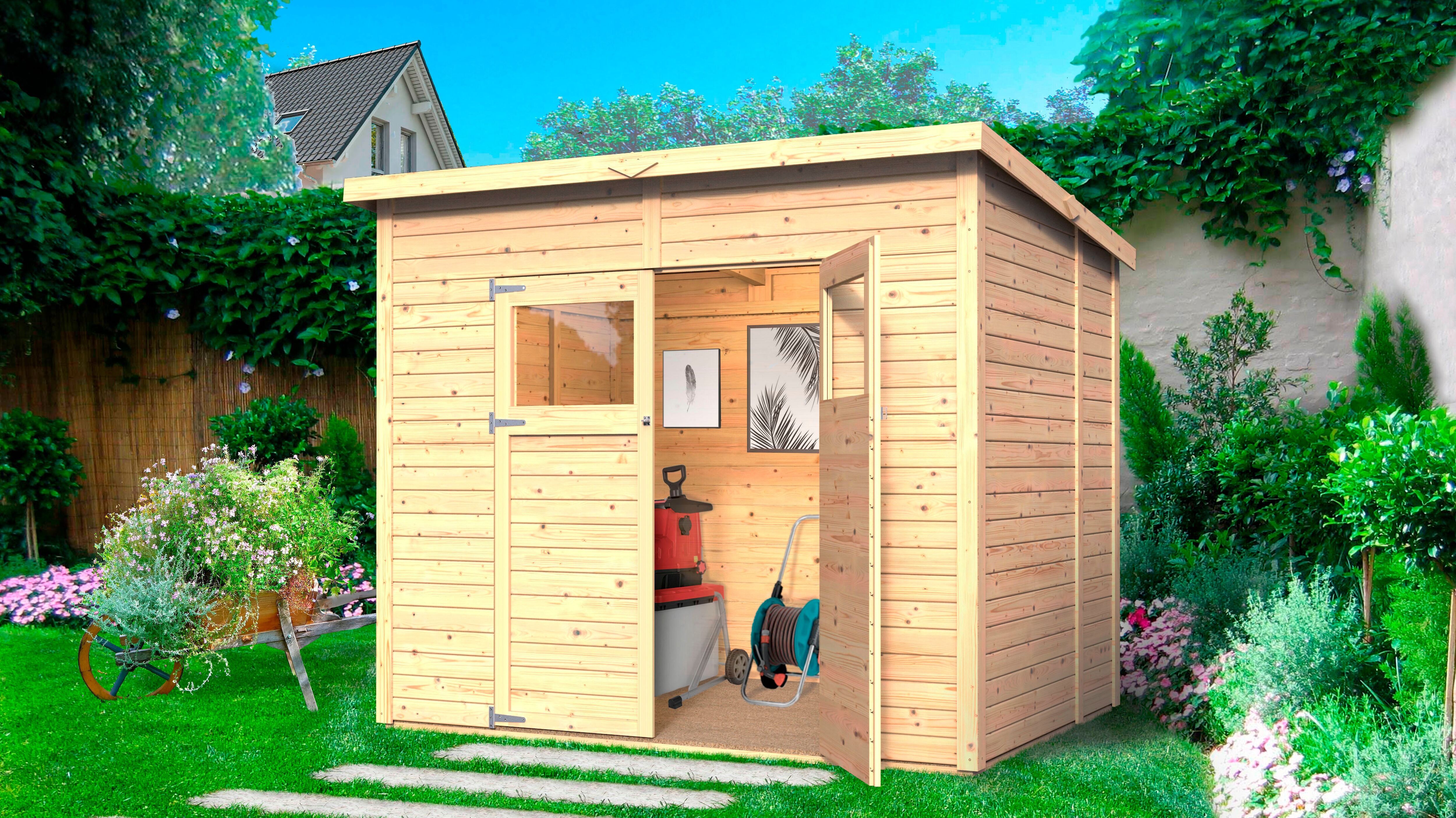 Gartenhaus KONIFERA "Amrum 3 aus naturbelassenem Fichtenholz", beige (naturbelassen), Fußboden im Gartenhaus, ohne Dacheindeckung, Massivholz, Gartenhäuser, Gartenhaus, inklusive Fußboden