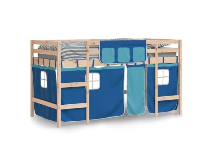 KTHLBRH Hochbett mit Vorhängen für Kinder, Blau, 80 x 200 cm, Kiefer Einzelbett mit Vorhängen, 4-seitiger Sicherheitswand, Leiter inklusive, Platz unter 78,5 cm