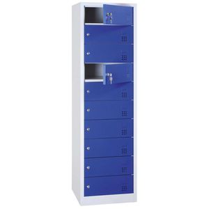Lüllmann Schließfachschrank 526441, blau, 10 Fächer mit Stromanschluss & Zylinderschloss