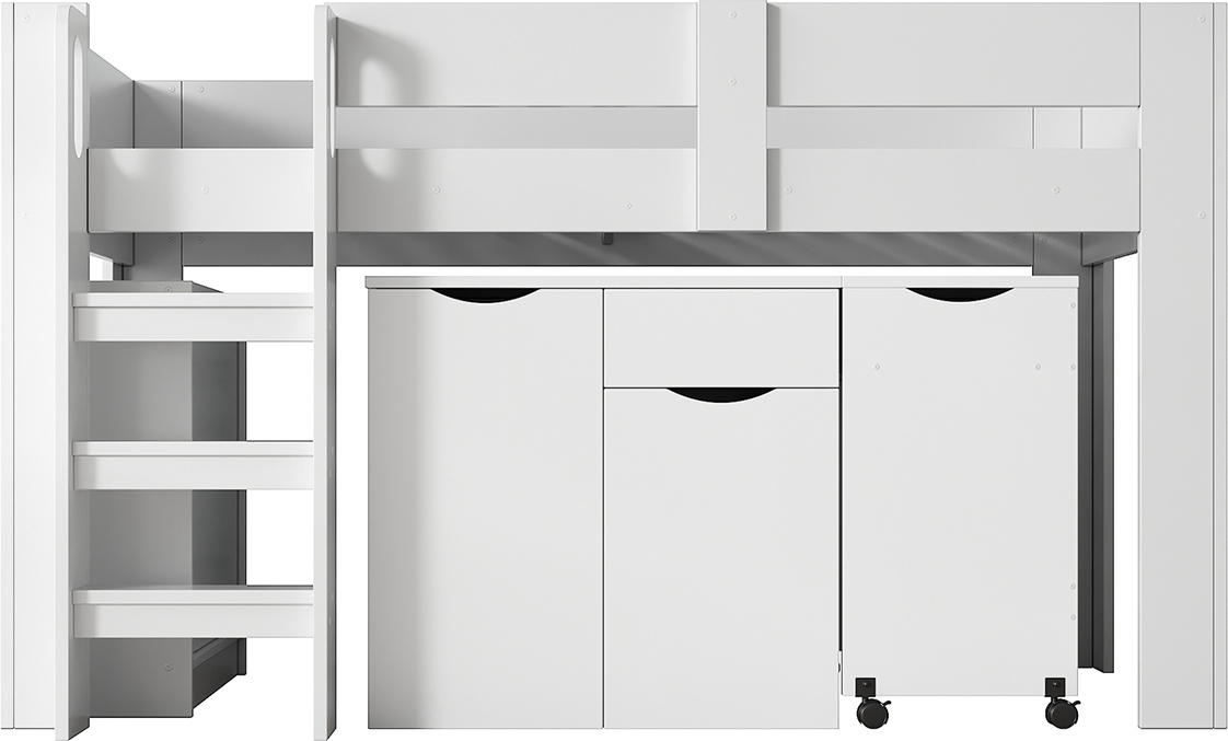 Hausbett mit Leiter Teleskopschreibtisch herausnehmbarem Schrank und Stuhl Hochbett Kinderbett Einzelbett Massivholzbett 90*200cm Weiß